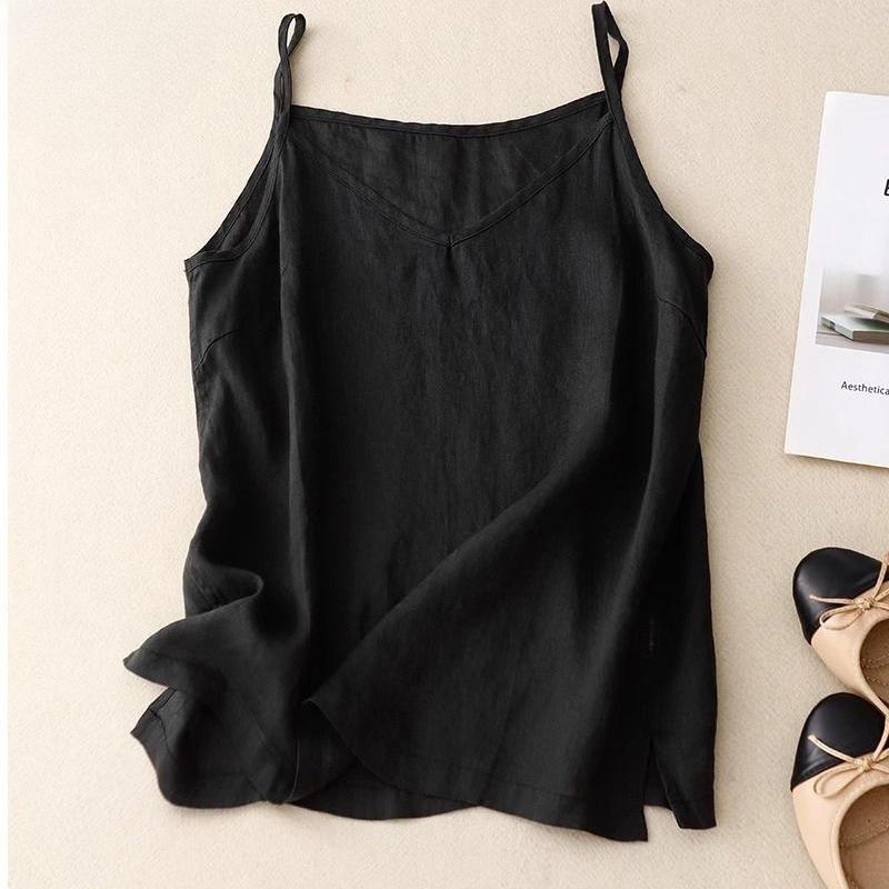 Women's V‑Neck Linen Camisole Tank Top Loose Thin Inner Wear Sleeveless Casual Summer Basic Blouse Top