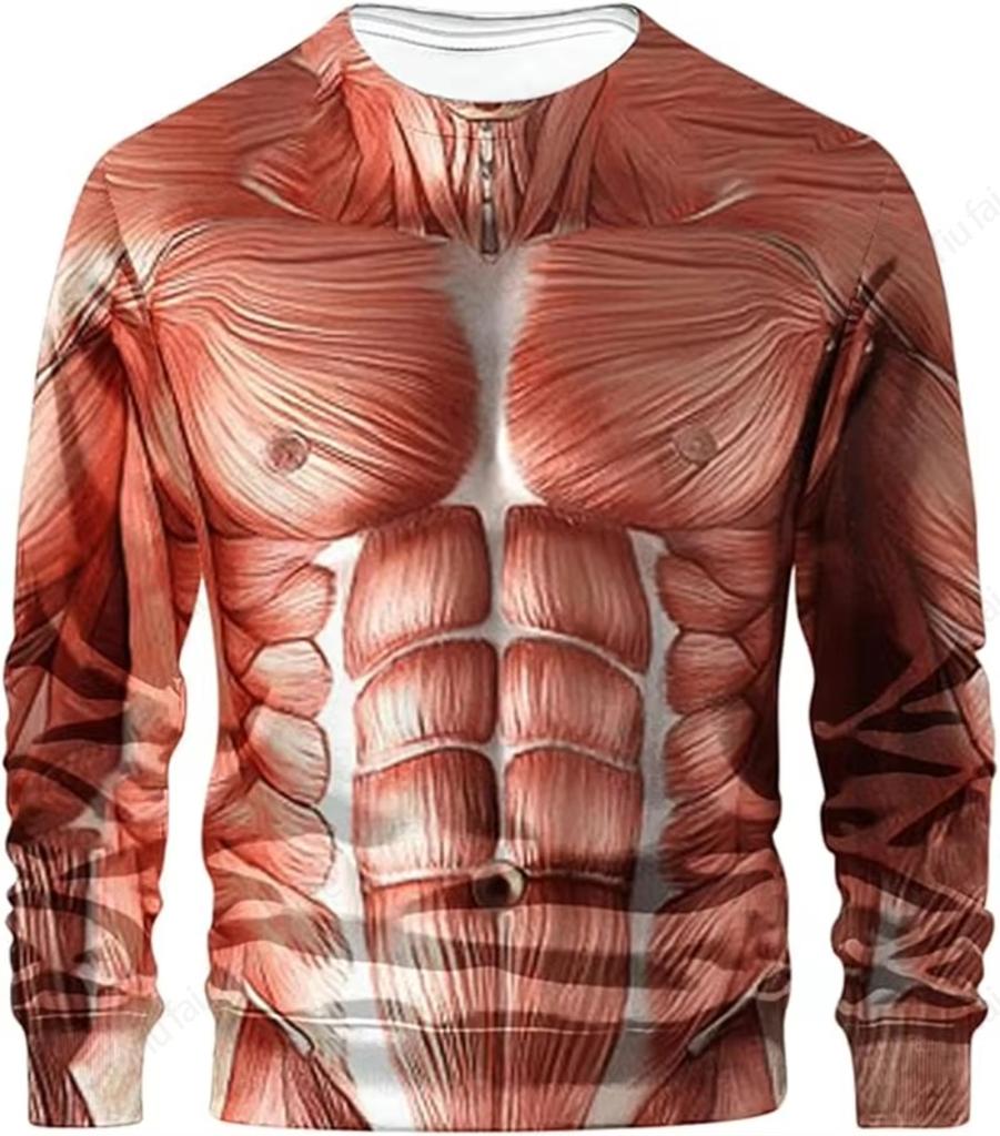 3D Funny Muscle Body Printed T-shirts Slim Oversized Round neck Long Sleeve T-shirts Ugly Chest Hair Tops