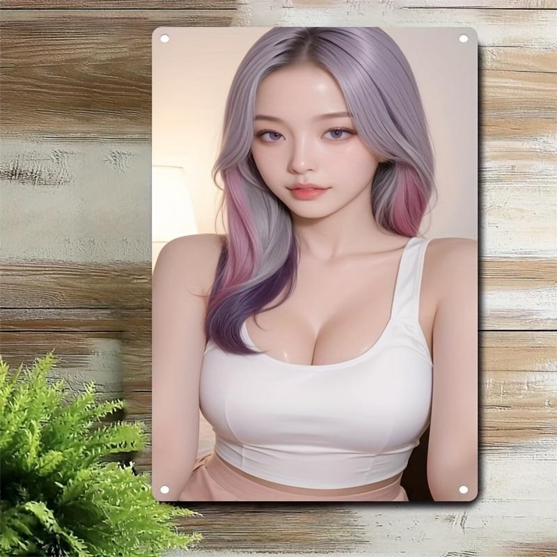 

Korean Beauty Metal Sign Plate - White Hair Pink Highlights Purple Bangs 2D Wall Art Decor 20x30cm