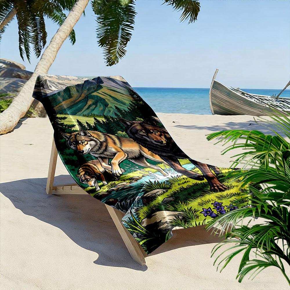 Wolves Roaming Serene Wilderness Print Beach Towel, Quick Drying, Suitable for Travel, Outdoor Sports, Jogging, the Beach and Swimming, Gift
