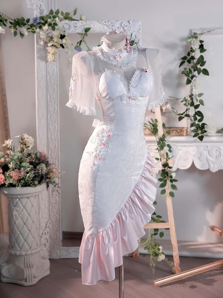 Erwachsenes Anime-Spiel Göttinnen-Stil Kleid Kurzarm Cheongsam Niedlich Entzückend Moe Cool Kostüm Cosplay Kostüm Verwandlungs-Outfit Set Weiß