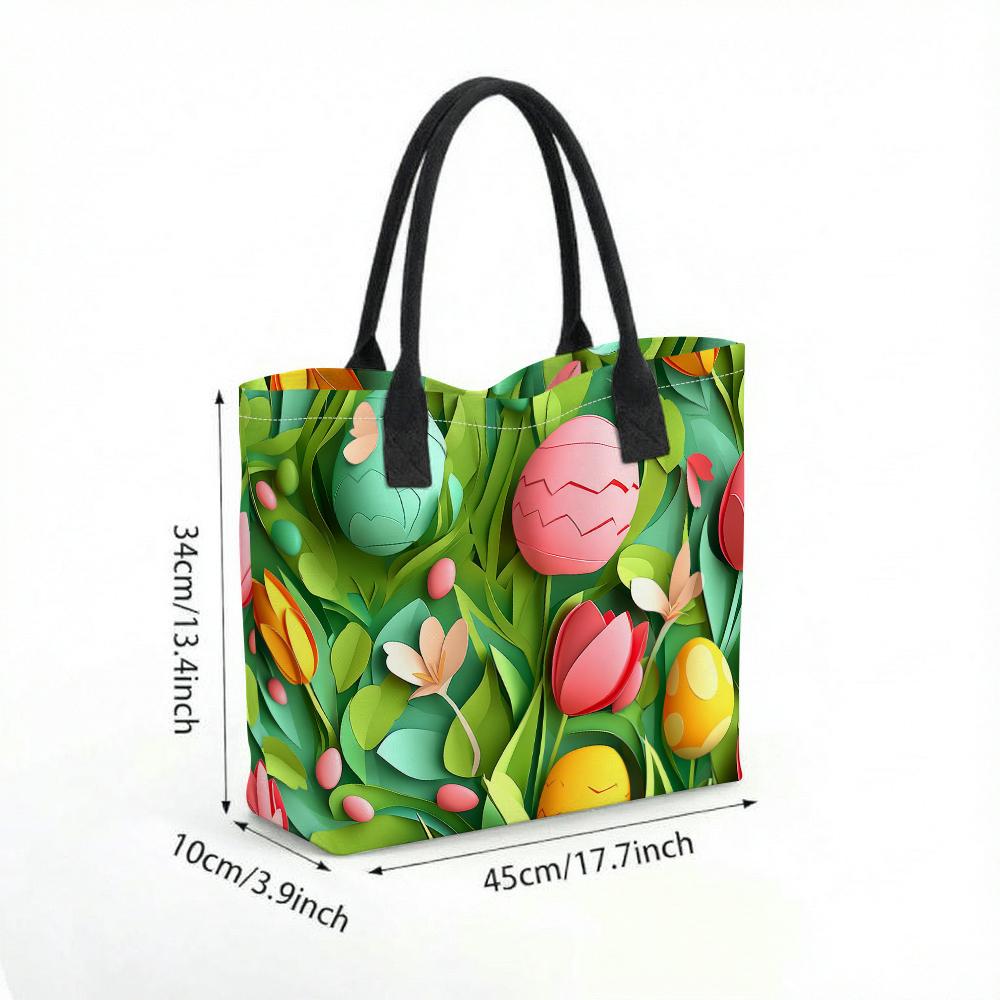 Easter Egg Floral Canvas Tote Bag Reusable Casual Shopping Handbag for Daily Use