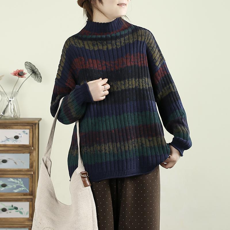 Retro Striped High Neck Knit Sweater - Autumn/Winter Collection