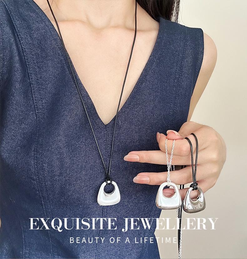 Minimalist Silver Pendant Necklace: Women's Adjustable Black Rope Sweater Chain