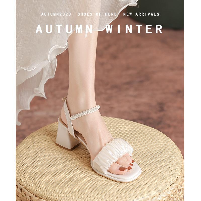 

Sandals women s summer new temperament high heel pearl bow word with thick heel fashion versatile 35