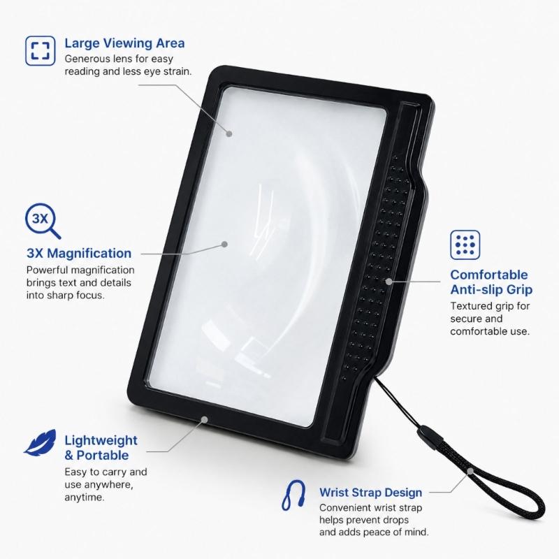 Handheld Reading Page Magnifier for Small Print with Integrated Light, Acrylic Lens and ABS Frame for Books, Newspapers and Labels