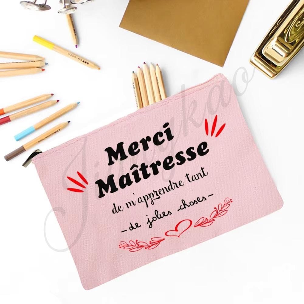 Merci Maitresse French Print Makeup Bag Travel Neceser Toiletry Storage Pouch School Pencil Bags Best Graduate Gift for Teacher