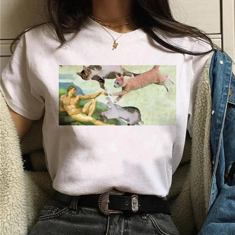 T-shirts Women Cat Oil Painting Printed Funny Graphic Tee Shirt Summer Short Sleeve Casual White Tops Harajuku Clothing