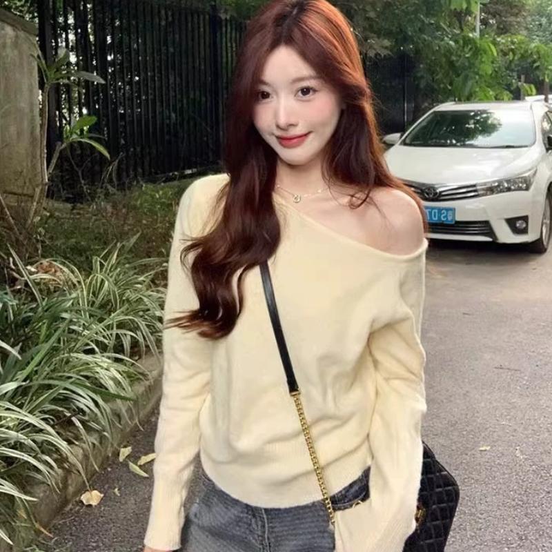 Розовый Асимметричный Свитер с Открытым Плечом Женский Вязаный Топ Корейский Наряд Шикарный Топ One Size