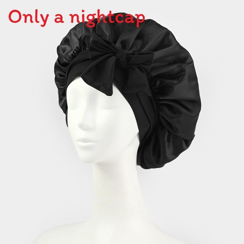

Wide Brim Satin Elastic Lace Up Nightcap Solid Color Design Preservation Hair Black