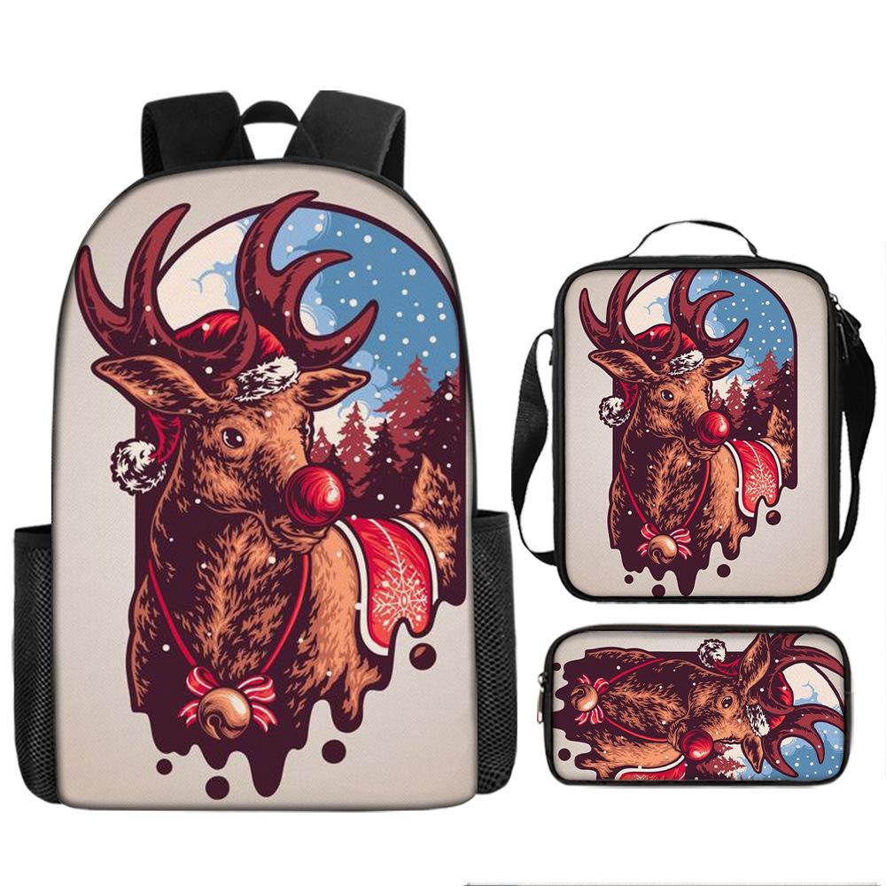 Santa Claus Christmas Tree Backpack Elementary School Bag Large Capacity Leisure Bag Lunch Bag Pencil Bag Three-piece Set