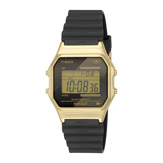 [TIMEX] Мужские часы T-80 Цифровые Кварцевые Золотой корпус Резиновый ремешок TW2V41000 [Оригинальный продукт]