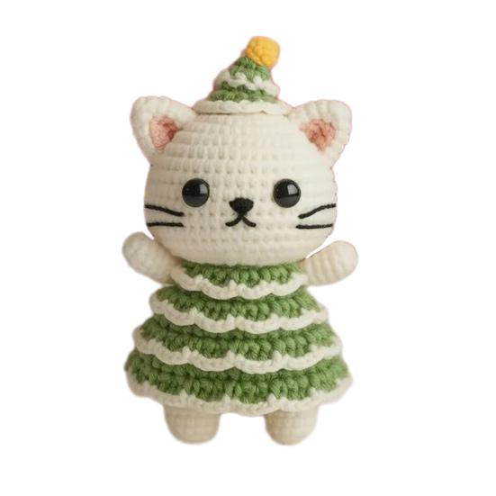 Christmas Crochet Cat Doll Patchwork Color Handcrafted Green Cream Yarns Cat Ornament Xmas Tree Decoration