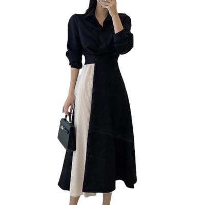 ORWZDCO Shirt Polo Long Color High Korean Perfect for Winter Women's Dress, Neck, Sleeves, Block, Striped, Waistline, A-Line, Waist, Slimming, Casual,