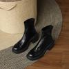 Autumn and Winter Round Head Solid Color Large Size Leather Boots Rear Zipper Middle Heel Round Head Comfortable Square Heel Thick Bottom Non-slip M