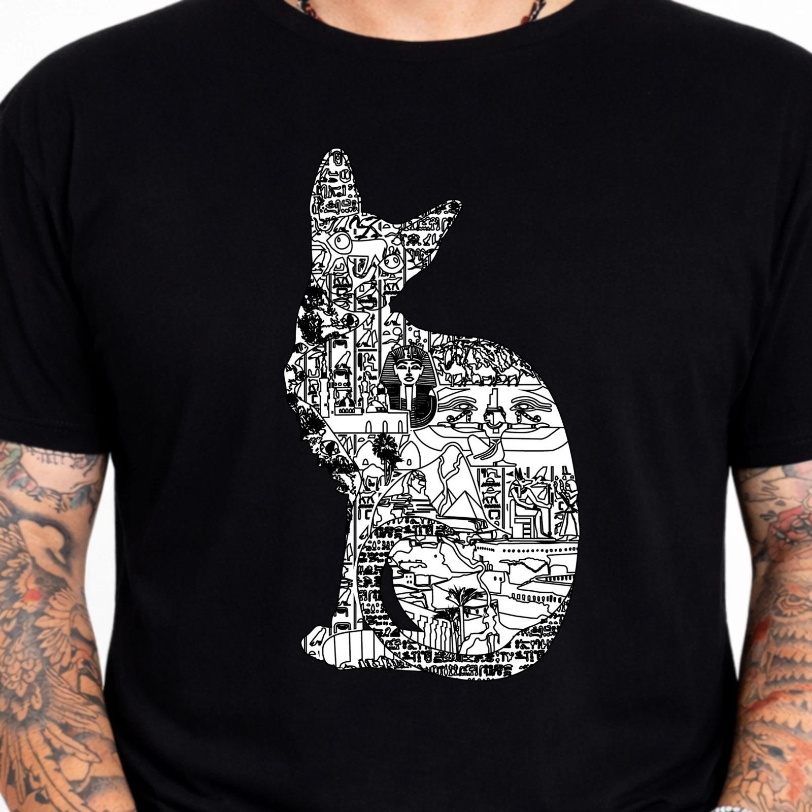 Anubis Cat Egyptian Hieroglyphic Art Graphic T-Shirt Pharaoh Sphinx Pyramid Tee L