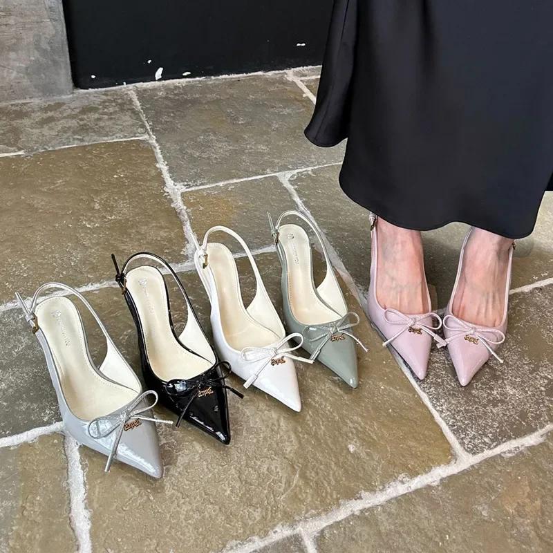 Fashion Fashion Bow Metal Buckle Design High Heels Women Sexy Pointed Toe Patent Leather Slingback Heeled Sandals Elegant Party Shoes