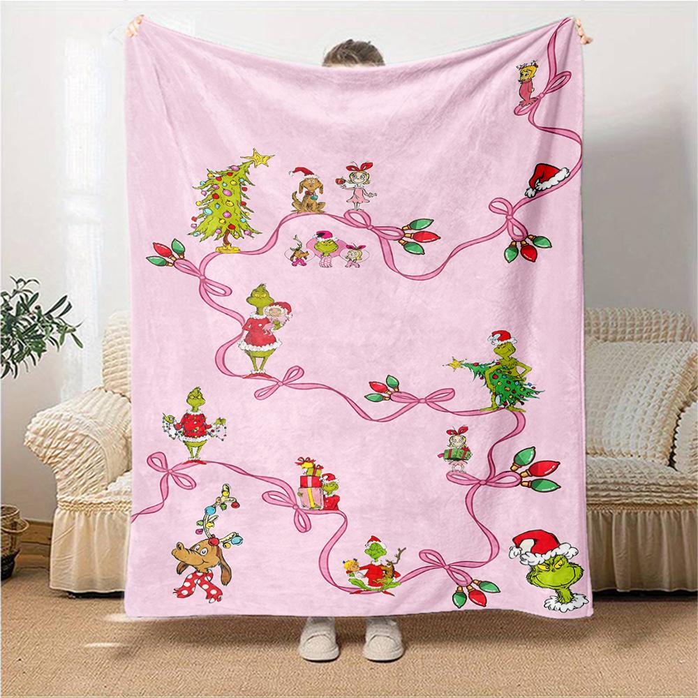 Christmas Grinch Lights Pink Blanket Soft Throw Blanket For Home Bedroom Bed Sofa Travel Office Solid Christmas Blanket