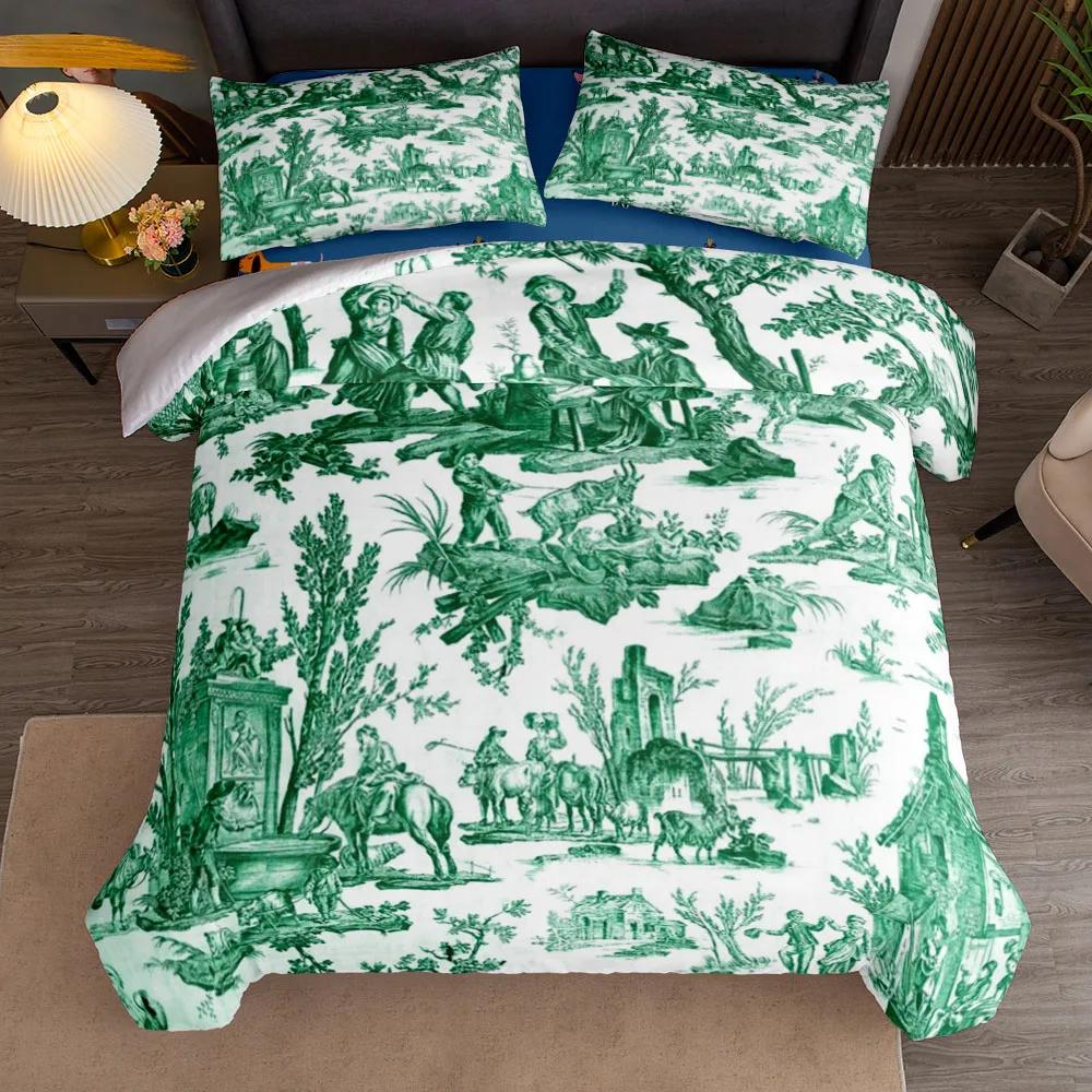French Rural Toile De Jouy Art Duvet Cover Set Uk Single Double Queen Us Twin Full King Size Among Bed Linen Set