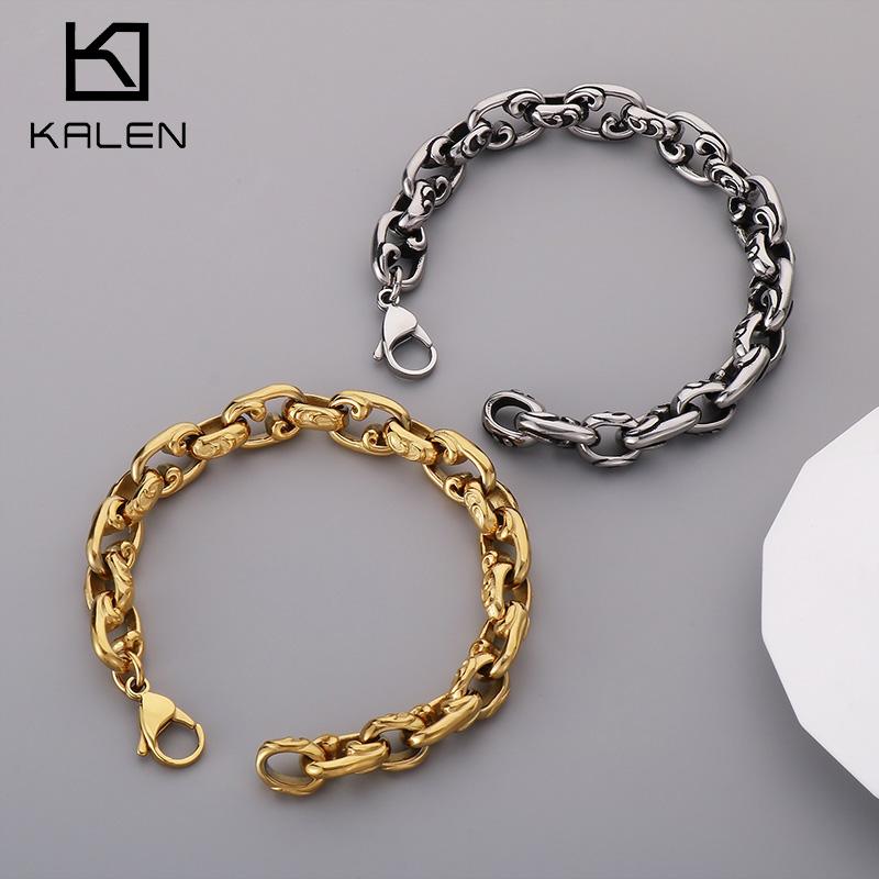 Stainless Steel Men's Bracelet Women Chunky Polished Round Chain Bracelet Gold Color Special Wave Pattern Trendy Party Jewelry
