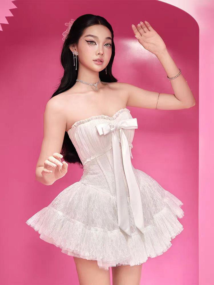 Vietnamese Sweet Bandeau Lace Bow Patchwork A-line Dress