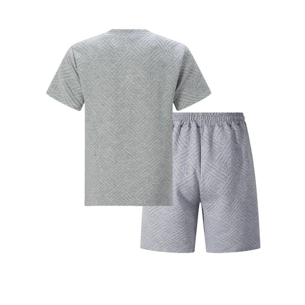 Men's Spring Solid Color Jacquard Round Neck T-shirt & Shorts Casual Two-Piece Set