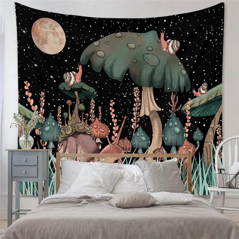 Mysterious Tree of Life Mushroom Forest Tapestry Wall Hanging Fairy Tale Bohemian Psychedelic Home Dormitory Dream Decor Sun