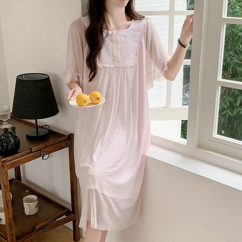Princess Ling Lei French Nightdress Women'S Summer Mesh Sweet Pure Wind Short-Sleeved Long Dress Pajamas Loungewear