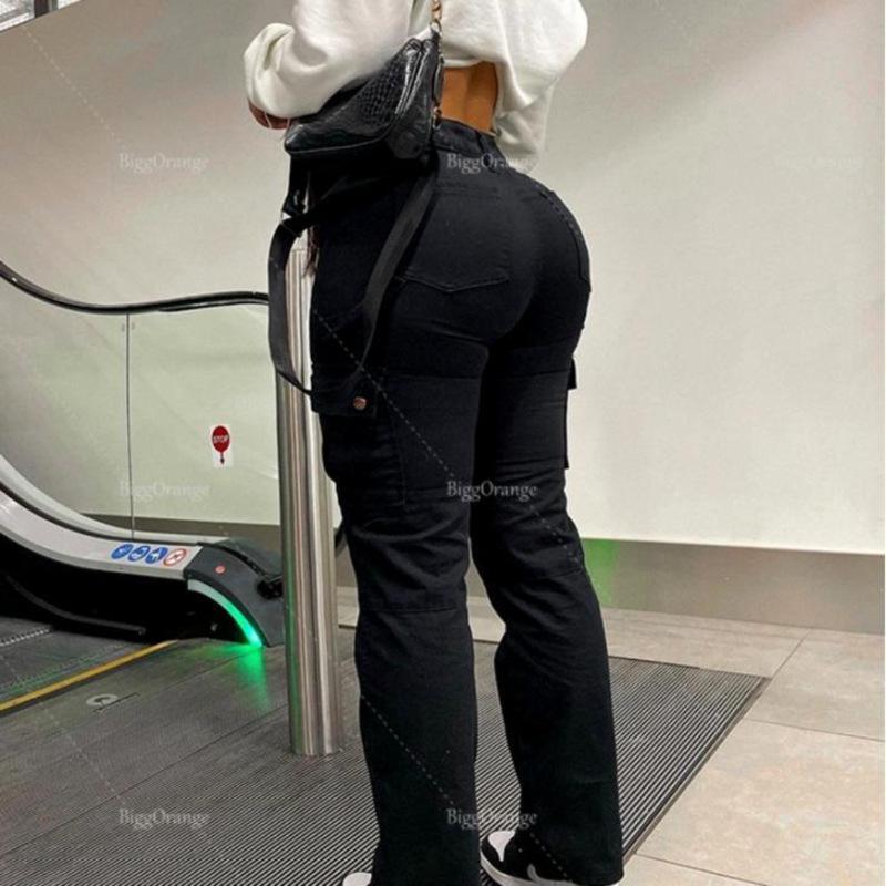 

Женские брюки карго с высокой посадкой, подтягивающие ягодицы, эластичные - Модный европейский и американский уличный стиль с множеством карманов L чёрный