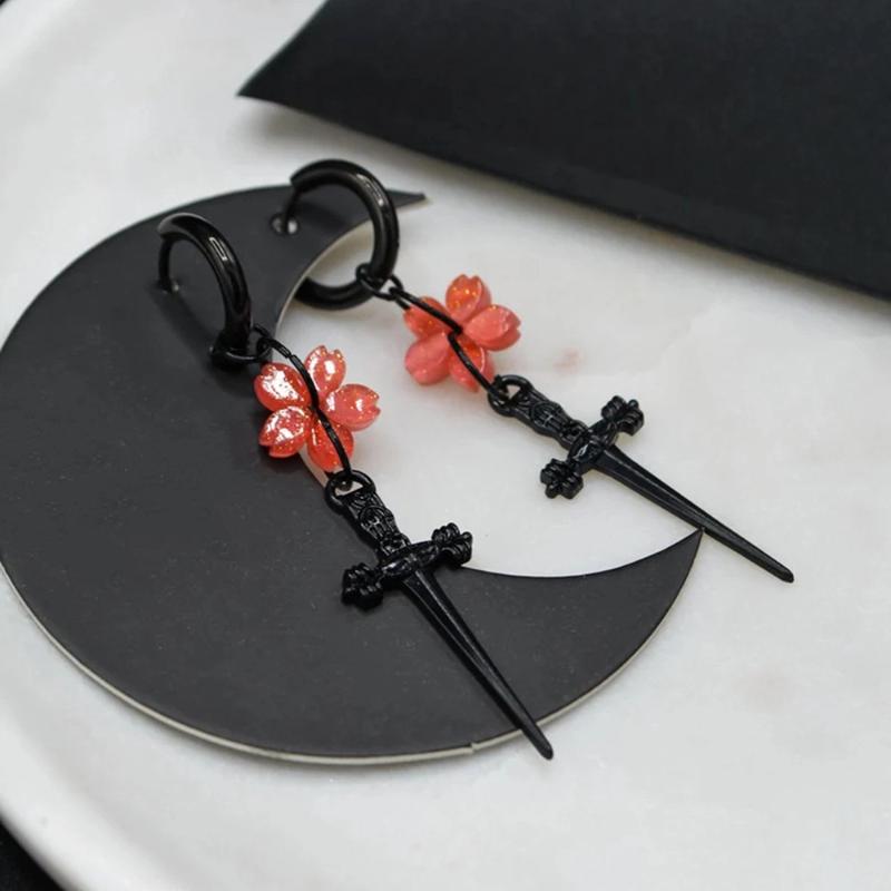 Punk Black Sakura Blade Earrings Gothic Cherry Blossom Sword Pendant Small Hoop Earrings Japanese Jewelry