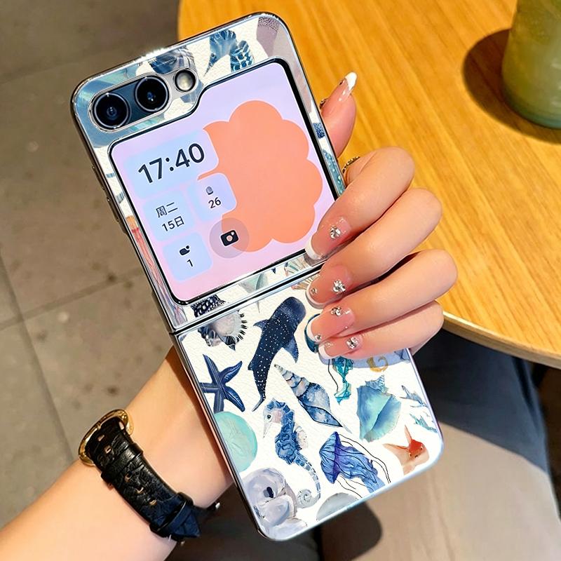 Sea Turtle Pattern PU Leather Phone Case For Samsung Galaxy Z Flip7 FE Flip6 Flip 7 6 5 5G Silver Plating Frame Hard Back Cover