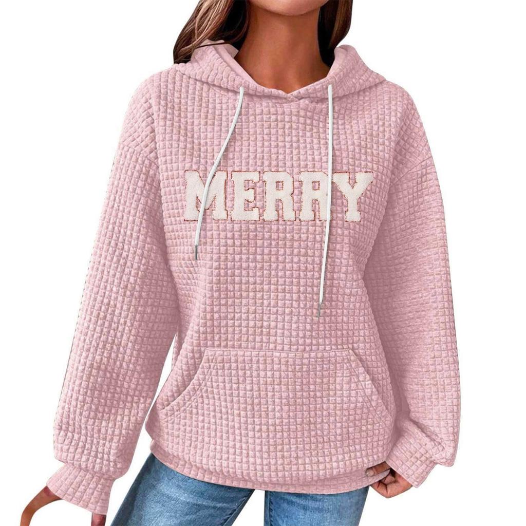 Women's Fashion Loose Hooded Pullover Long Sleeve Plaid Sweatshirt With Drawstring, Drop Shoulder, Pocket, Christmas Print Top