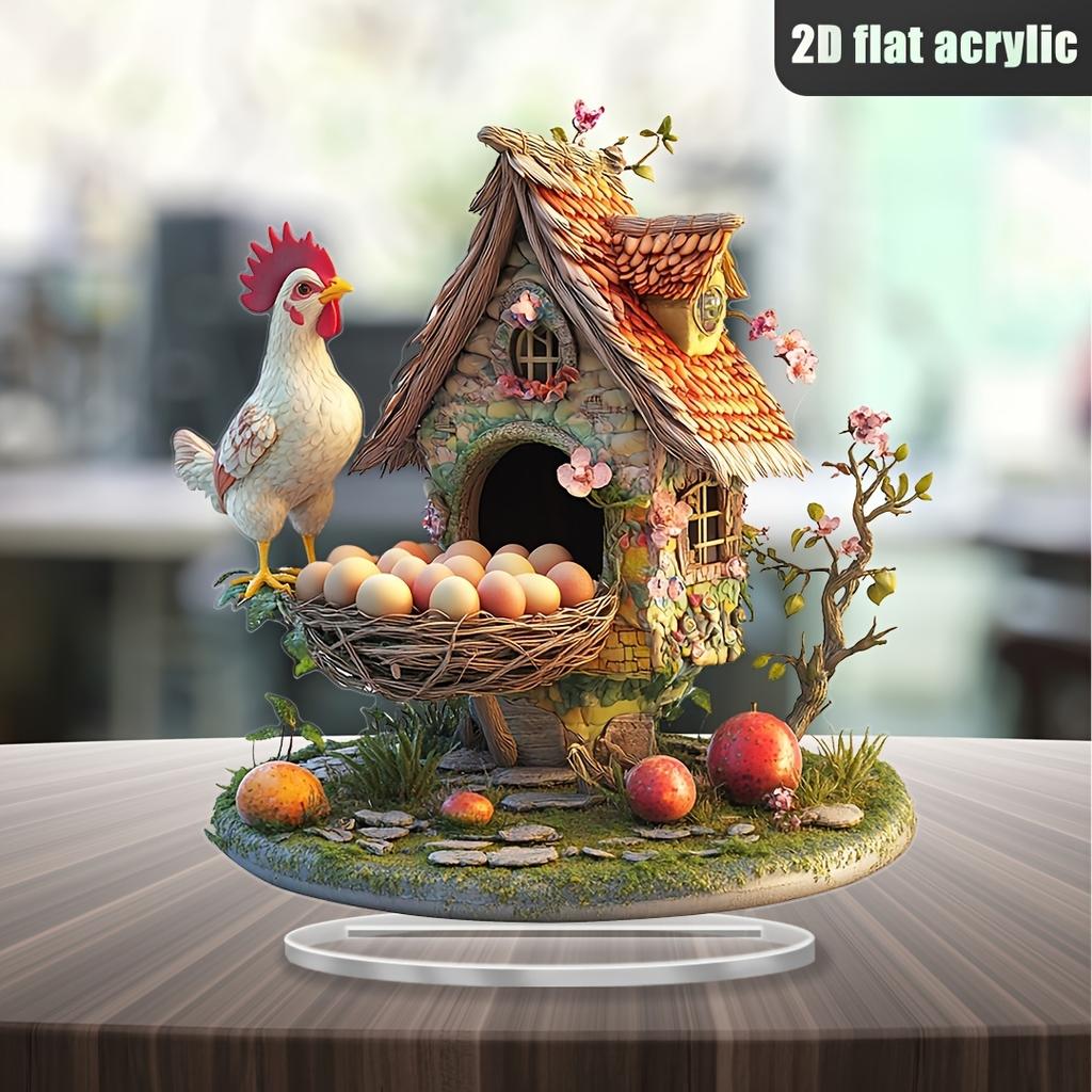 8in 2D Attractive Acrylic Colour Printing Chicken & Chicken Coop Desktop Decorations Home Office Studio Decoration Friends Gifts