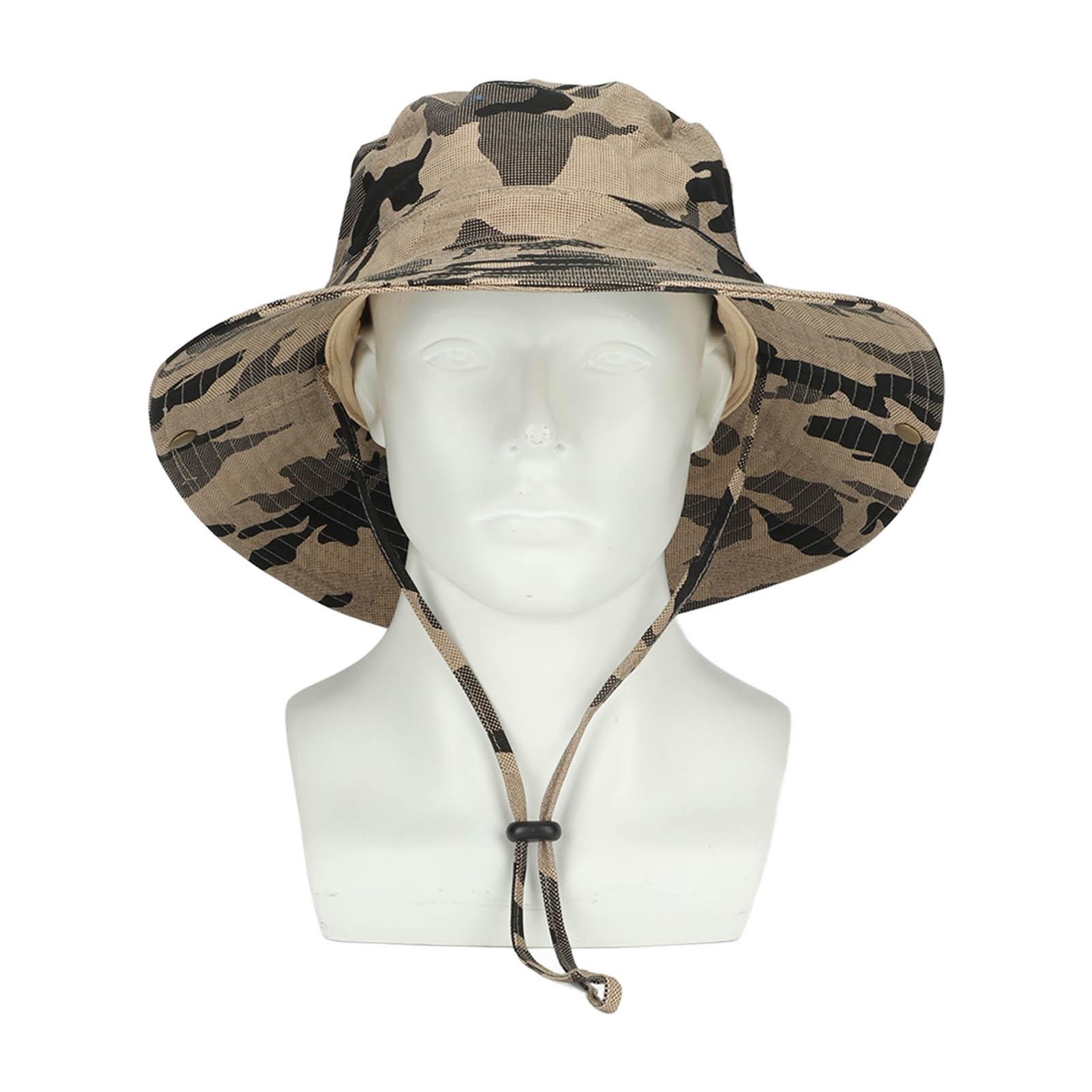 

UPF50+ Fishing Hat with Mesh Vents Adjustable Strap Wide Brim Khaki Camouflage Sun Hat for Outdoor