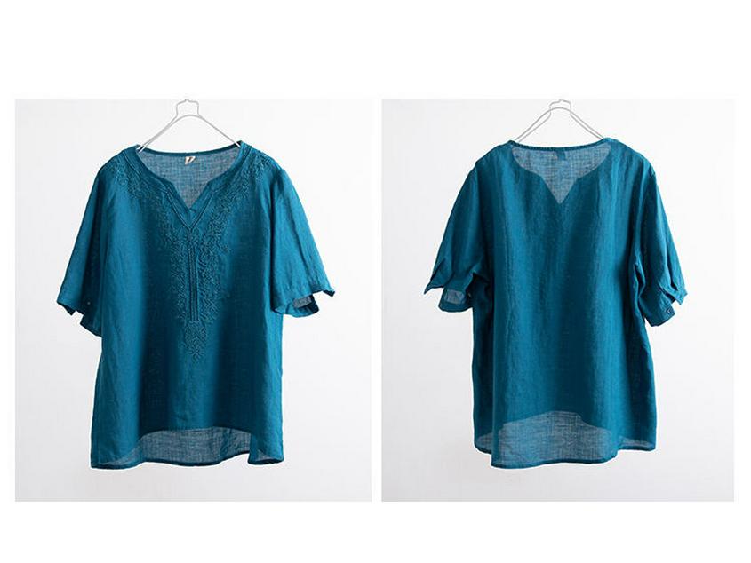 Women's Retro V-Neck Cotton Linen T-Shirt – Summer 2024 Short-Sleeve, Loose Fit, Solid Color.