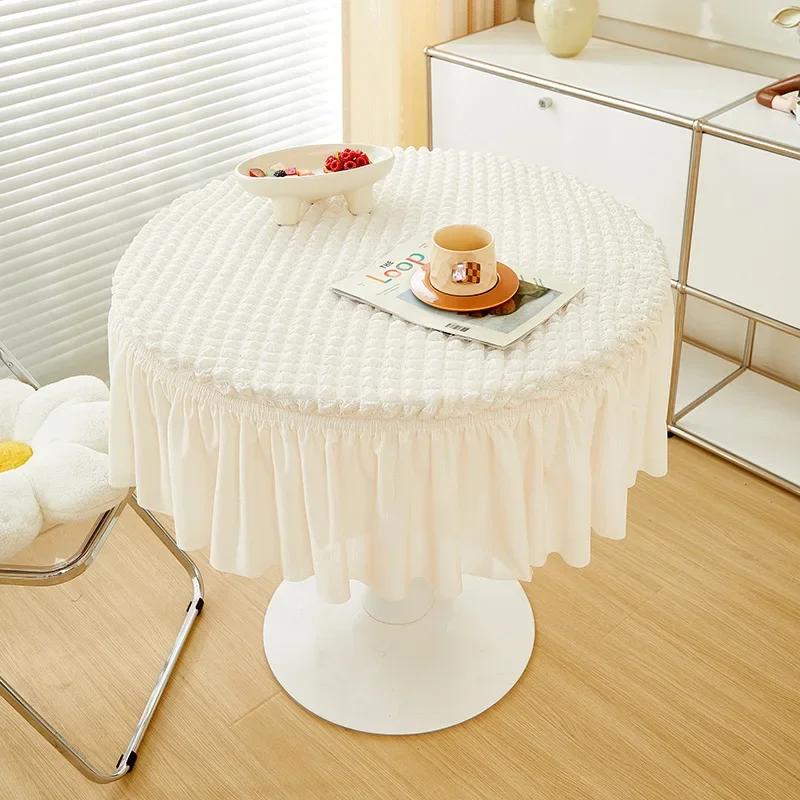 Round Bubble Gauze Tablecloth Seersucker Solid Color Elastic Table Skirt Modern Simple Style Home Decoration Dining Table Cover
