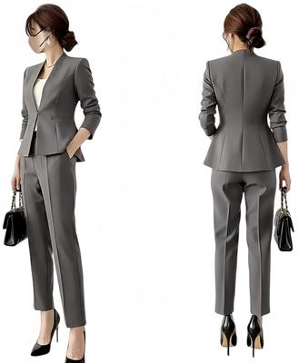 [YUANYUAN] Women's Pantsuit 2-Piece Set: Tailored Jacket & Long Pants. Suit Jacket, Waist Tuck, Long Sleeves, Adult, Cute, Formal, Figure-Flattering,