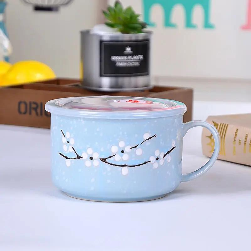 Ceramic Instant Noodle Bowl with Lid, Household Bowls, Microwave Soup, Student Nordic Simple Rice, Large Tableware