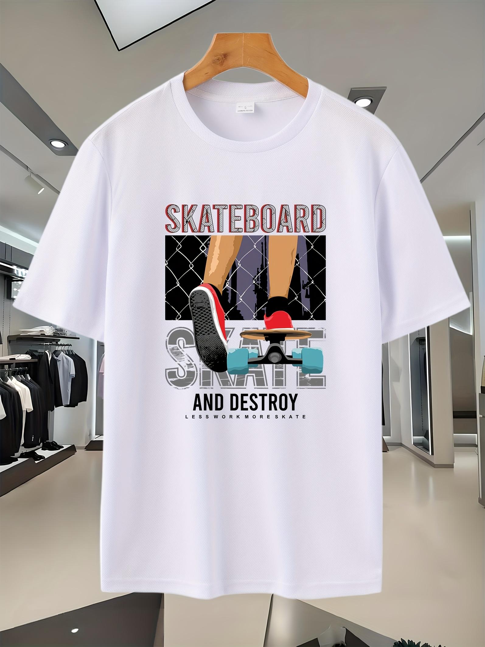 51C Skateboard Graphic T-shirt - Breathable Mesh Short Sleeve Tee with Skateboard & Destroy Print L
