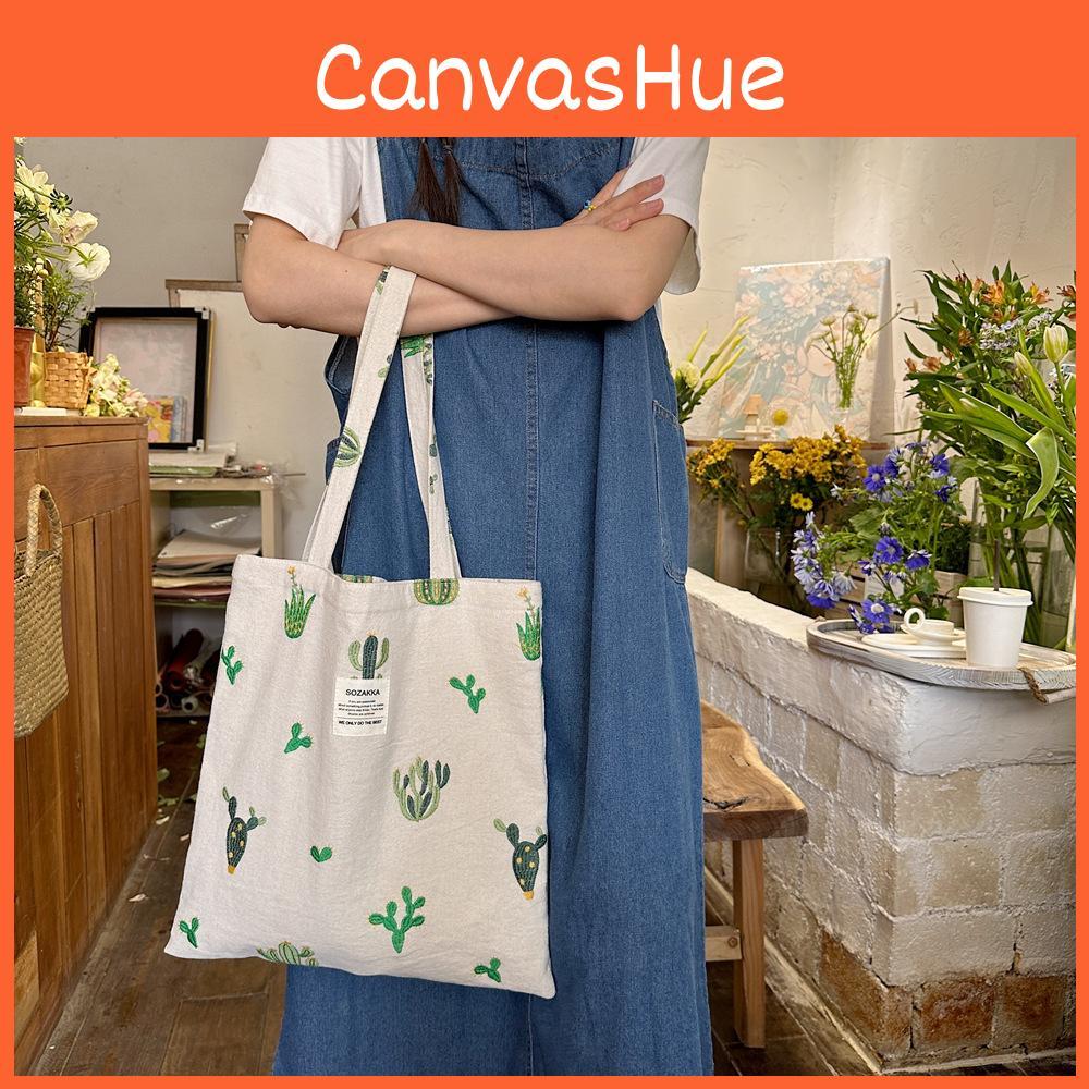 Stylish Large Capacity Canvas Tote Bag With Embroidered Cactus For School And Daily Use