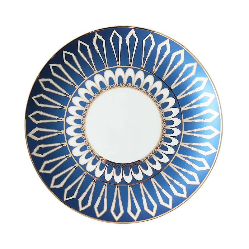 Nordic Exquisite Gold Plated Striped Ceramic Plate Villa Restaurant Western Tableware Dessert Salad Steak Plate Kitchen Utensils