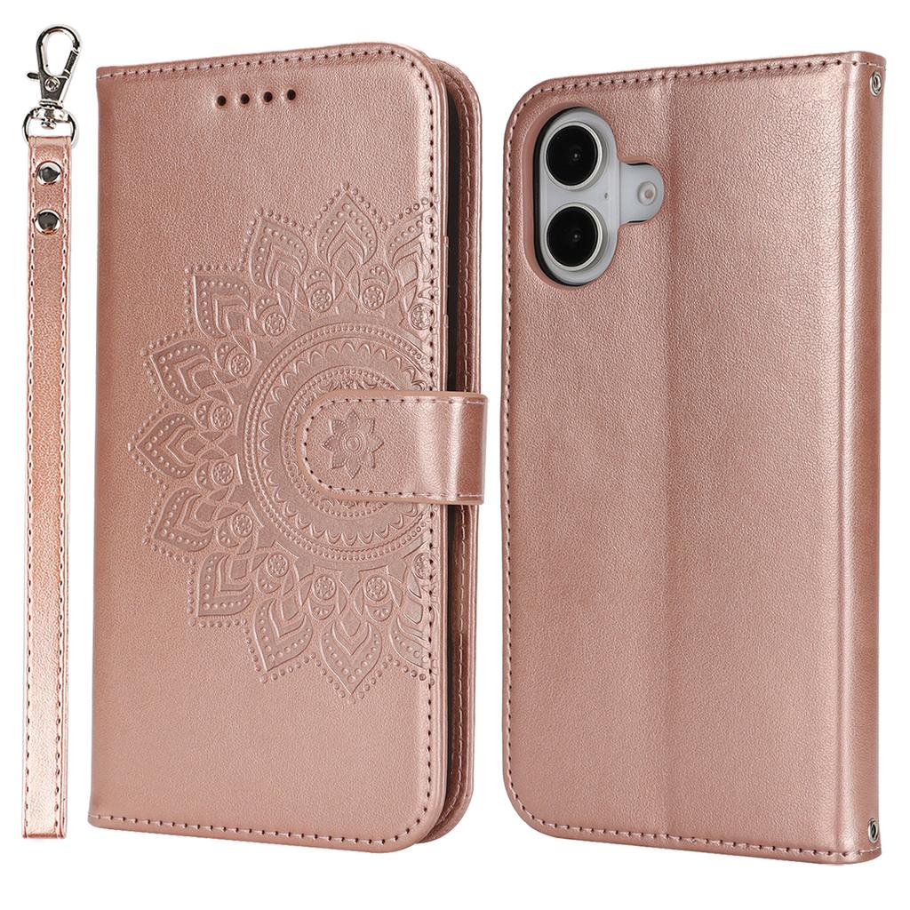 For iPhone 16 Stand Case Textured Leather Wallet Phone Cover with Strap