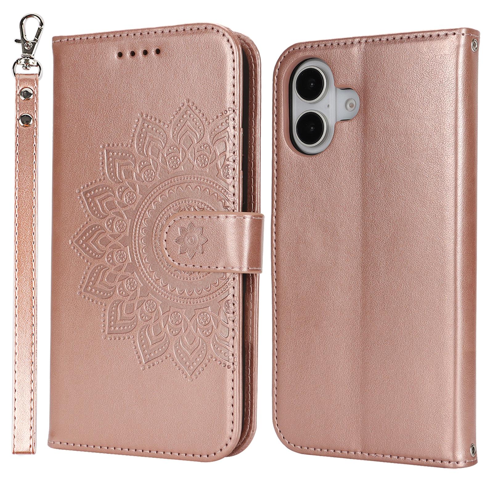 

For iPhone 16 Stand Case Textured Leather Wallet Phone Cover with Strap H
