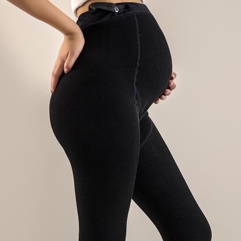 Maternity Leggings with Belly Support: Thin, Plus Velvet Pantyhose with Vertical Stripes for Spring/Autumn Outerwear.