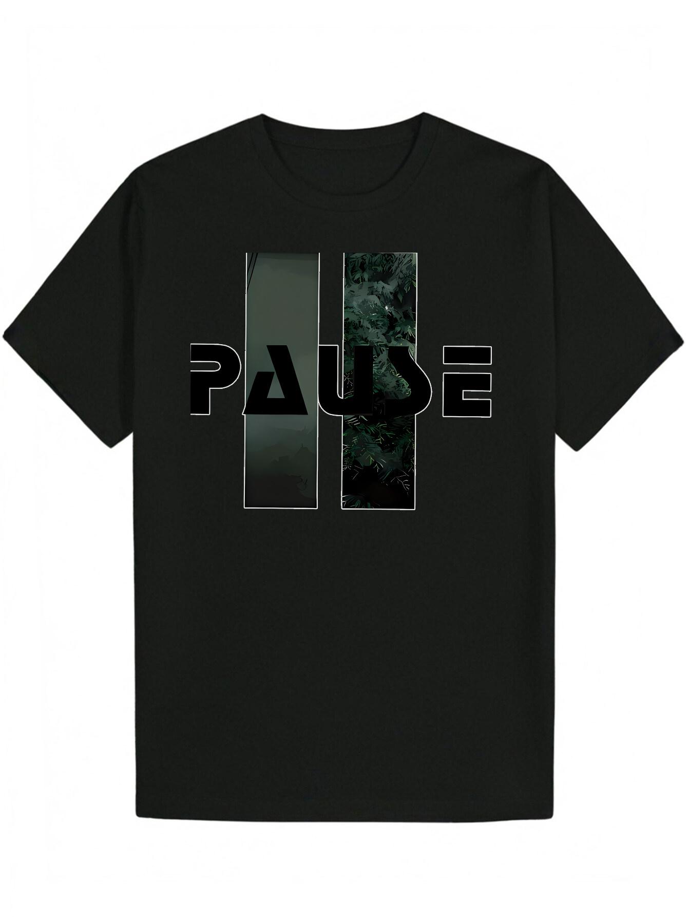 Casual Summer T-shirt -  PAUSE  Graphic Tee with Black & White Letter Design XXL