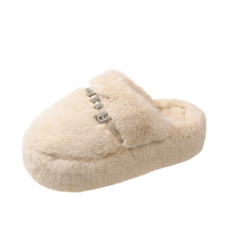 

2025 осень и зима новые пушистые тапочки на толстой подошве женские уличные тапочки с закрытым носком, украшенные стразами в виде букв, модные хлопковые тапочки на высокой подошве 43 абрикосовый