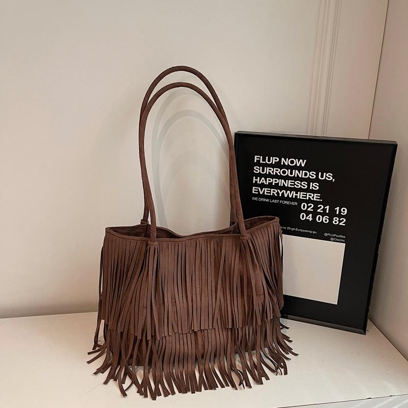 Bruine Suède Franje Tote Tas Dames Mode Schoudertas Met Gelaagde Kwastjes Boho Stijl Handtas Dagelijks Gebruik