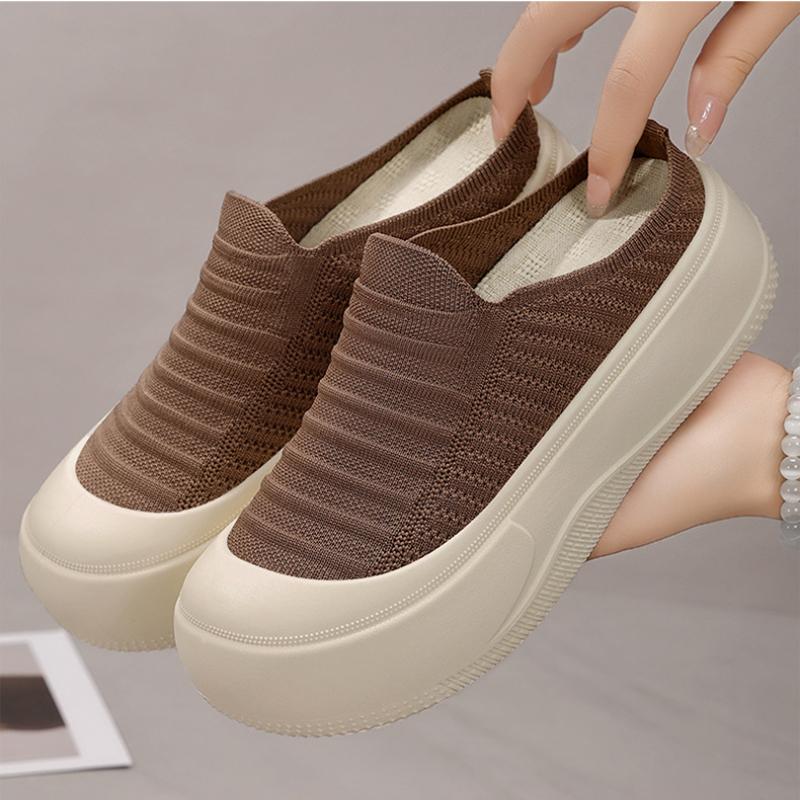 Summer Breathable Thick Soled Shoes with Toe Caps, Solid Color, Shallow Opening, Height Increasing Shoes, Simple Soft Sole, Half Support