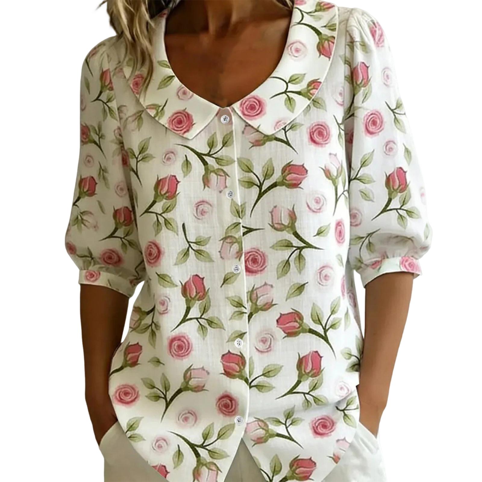 

Loose Fit Women s Blouse Bubble Sleeve Floral Print Shirt with Doll Collar Button Down Front Casual Top XL білий