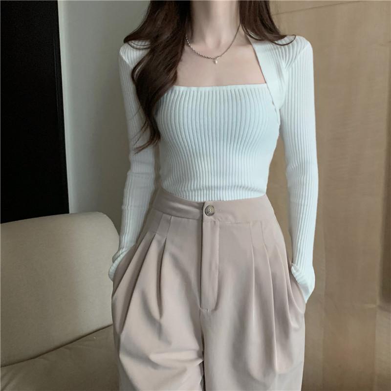 Square Collar Black Bottoming Shirt Women's Autumn Clothing New Inner Sweater Knitted Sweater Irregular Collar Slim Top Women